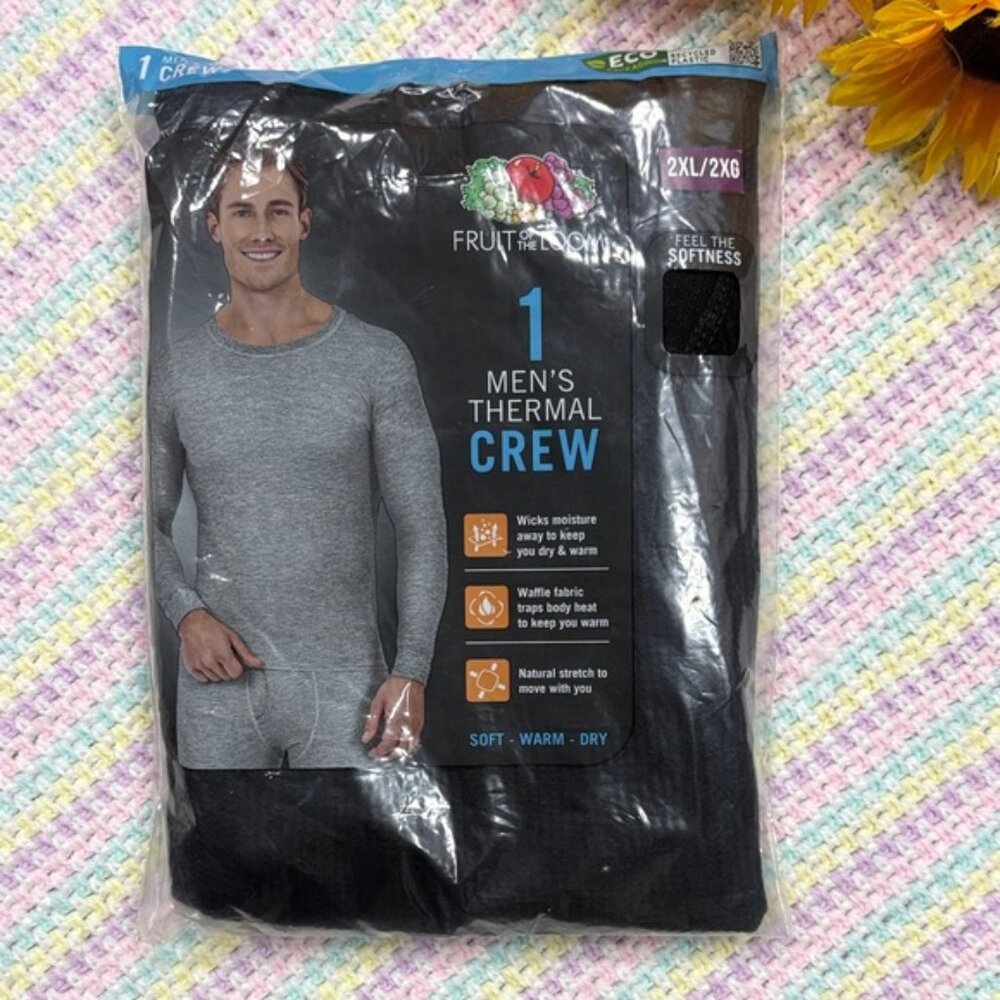 NWT Fruit of the Loom Crew Neck Black Thermal Waffle Base Top Tee Men's Size 2XL